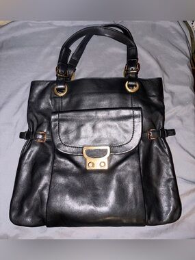 Calvin Klein Black Leather Tote with Gold Hardware Accent